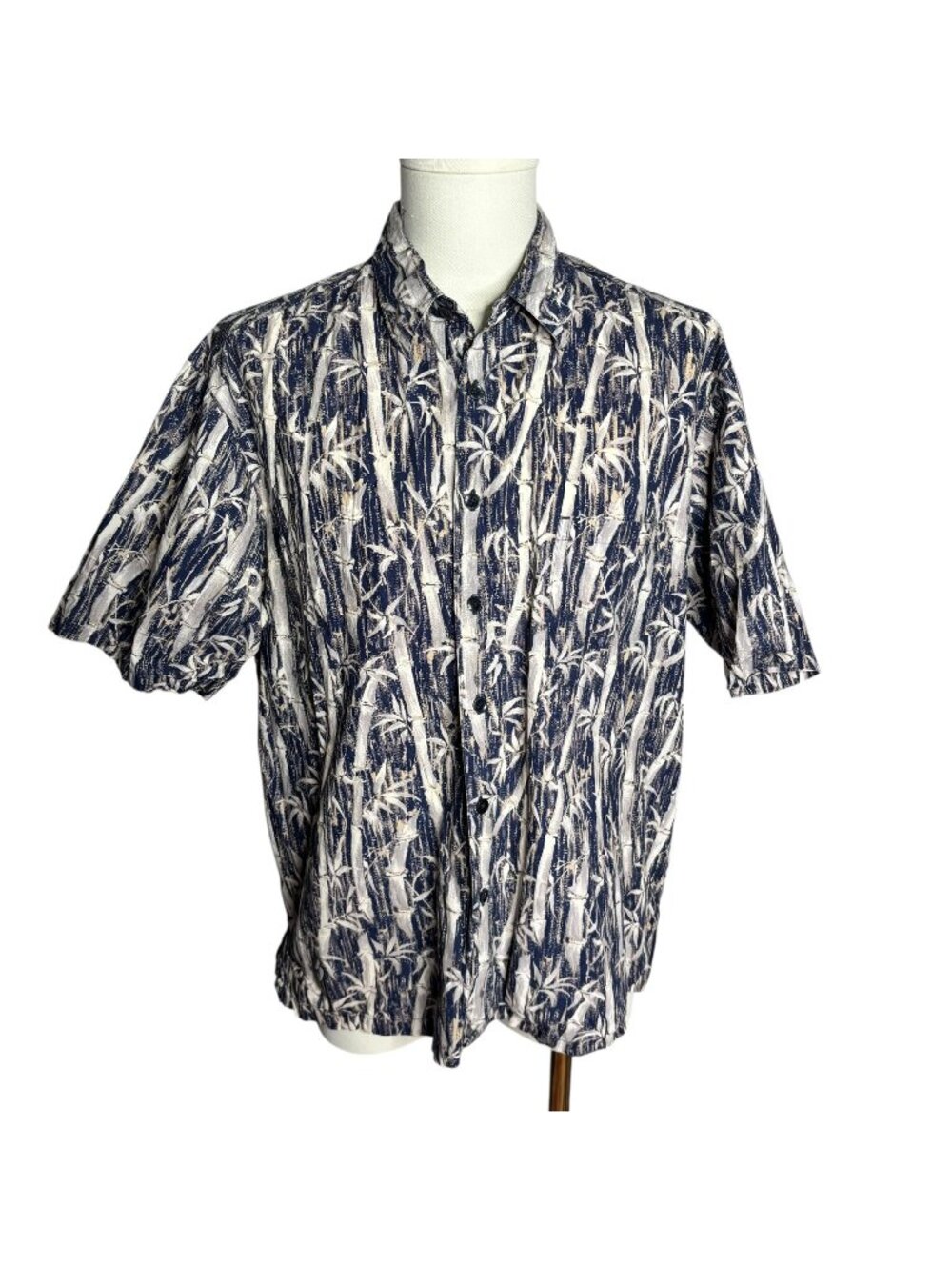 Cooke Street Button Up Hawaiian Shirt L Blue Cream Bamboo Short Sleeve Pocket
